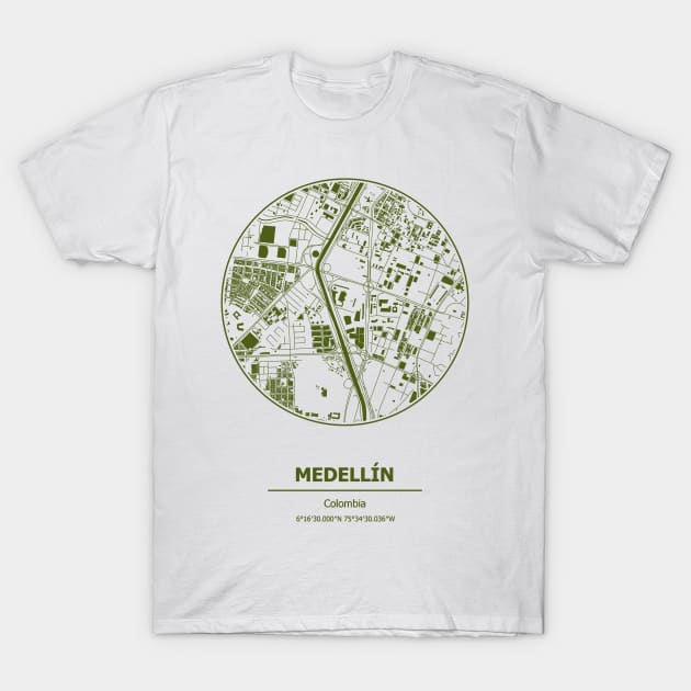 Medellin city map coordinates T-Shirt by SerenityByAlex